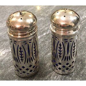 Cobalt Blue Glass SilverPlate Pierced Metal Salt & Pepper Shakers Decorative